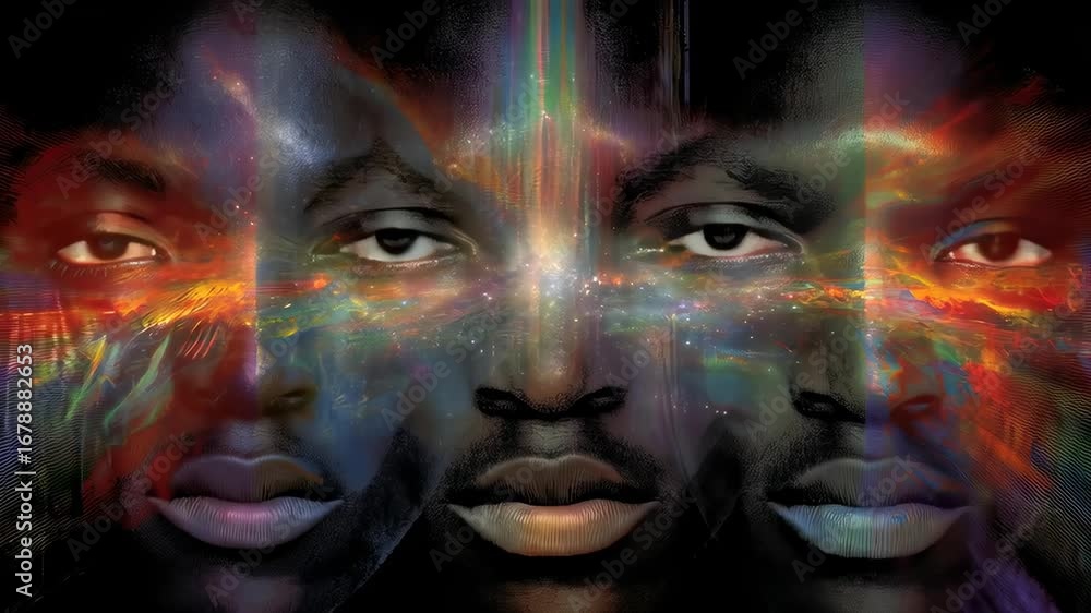Poster mesmerizing visual of three mirrored faces expressing emotion with vibrant colors and dynamic abstra