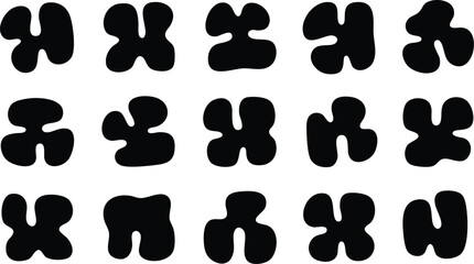 Fifteen abstract black shapes arranged in rows on a white background, resembling stylized floral or organic forms.