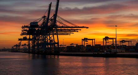 Obraz premium Industrial port at sunset with cranes and cargo containers silhouetted against a vibrant sky