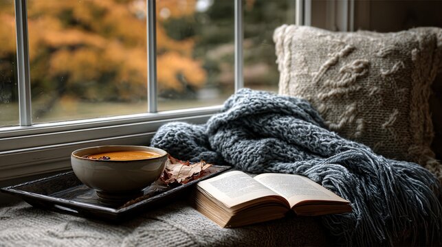 Cozy window seat with tray of soup, fall trees outside, blanket and book as subtle props