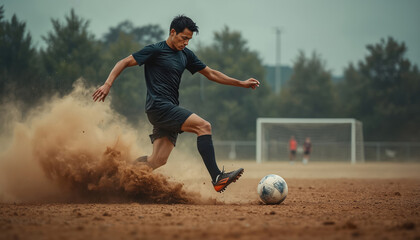 Athlete kicks soccer ball on dusty field, mid-action kick creates dust cloud. Dynamic movement shows player intensity, focus on athleticism, ball control. Soccer action captures energy, passion for