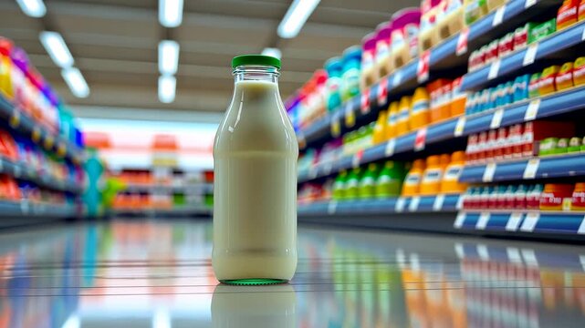 Glass bottle of milk standing on reflective supermarket floor with colorful shelves and packaged products background