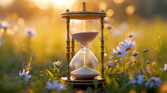 Golden hour sunlight shining on hourglass placed among wild meadow flowers with glowing bokeh in warm background