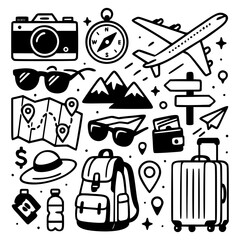 High quality black and white travel icon vector set featuring a variety of hand-drawn elements including camera, compass, airplane, sunglasses, map, mountains, signposts, backpack, suitcase, passport
