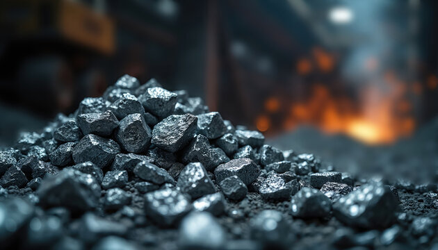 Shiny tin ore pile, close-up mineral extraction. Raw silvery bauxite minerals await processing in industrial facility. Deep dive into mining, metal resources, and heavy industry production.