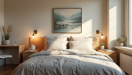 Cozy guest room interior design features queen bed with plush linen, bedside tables, warm lighting. Includes wooden writing desk, artwork, large window with soft curtains creating tranquil ambience.
