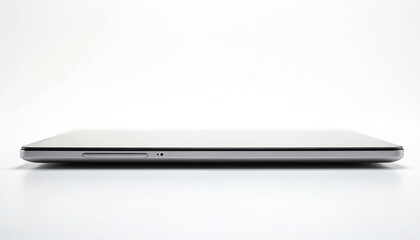 Side view of sleek silver tablet. Modern electronic device features thin profile, minimalist design. Perfect for tech presentations, business work, education, entertainment, communication.