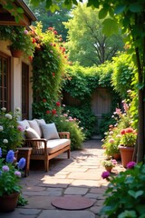Naklejka premium A charming patio garden overflowing with colorful flowers and lush greenery, creating a relaxing outdoor oasis perfect for summer evenings , serene, property, oasis