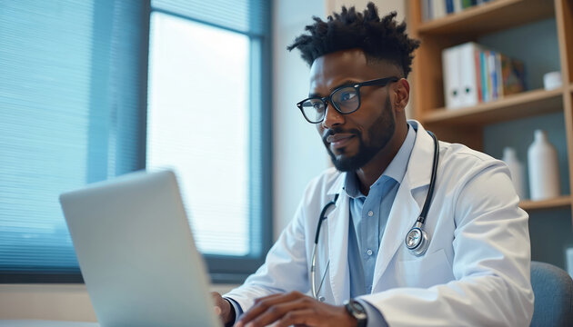 African American doctor uses laptop for telemedicine consultation. Confident practitioner provides online medical advice, support via video call in clinic workplace. Healthcare technology advances - Powered by Adobe