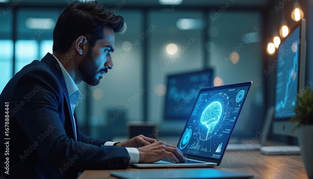 Fototapete indian businessman works on laptop displaying ai digital brain and data graphs. innovation, business
