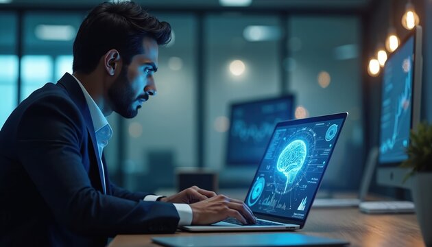 Indian businessman works on laptop displaying AI digital brain and data graphs. Innovation, business analytics, and future technology concepts are represented in modern office setting.