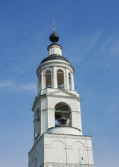 the majestic bell tower of the Svyato-Vvedenskiy Tolgskiy Zhenskiy Convent in Yaroslavl, Russia. Photograph for travel, religious, and architectural themes