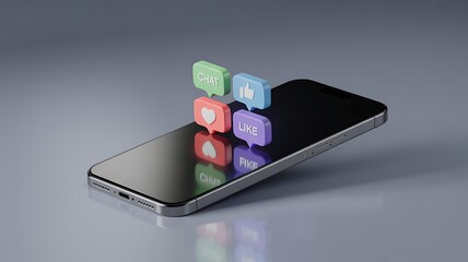 Smartphone with Social Media Notifications and Icons Representing Like Chat Heart and Thumbs Up on Screen Sharing Digital Experiences