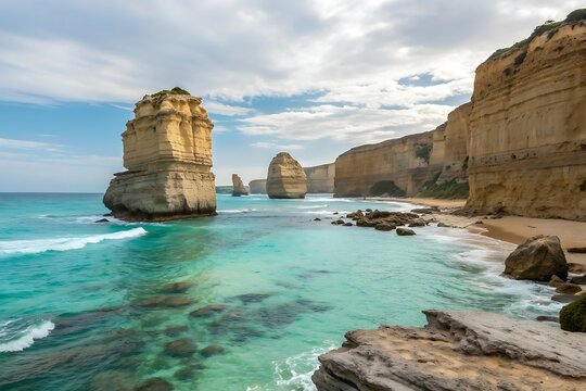 Iconic rock formations of the Twelve Apostles on a beautiful turquoise ocean coastline image photo - Powered by Adobe