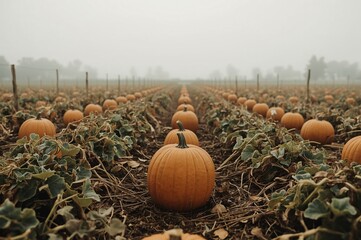 Foggy pumpkin patch harvest; autumn field