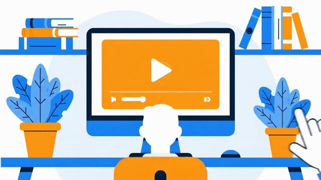 A hand clicking the play button on a computer screen for e-learning.