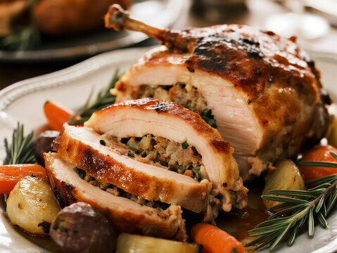 Golden roasted turducken stuffed with herbs and vegetables, served with carrots and potatoes on a festive plate