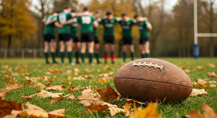 Rugby ball on grass with autumn leaves and team huddled in background  