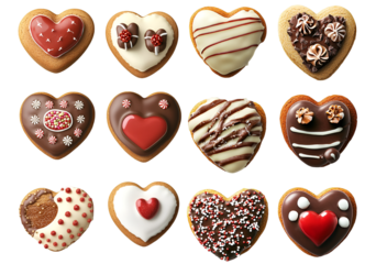 Collection of assorted heart shaped chocolate candies and cookies with toppings sweet dessert collection isolated on white background