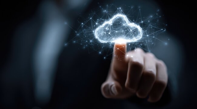 Finger touching a glowing cloud representing cloud computing and digital technology.