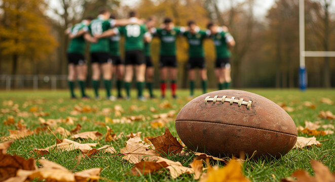 Rugby ball on grass with autumn leaves and team huddled in background