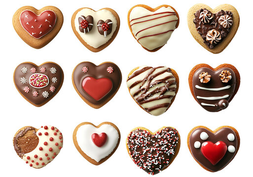 Collection of assorted heart shaped chocolate candies and cookies with toppings sweet dessert collection isolated on white background