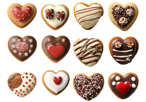 Collection of assorted heart shaped chocolate candies and cookies with toppings sweet dessert collection isolated on white background