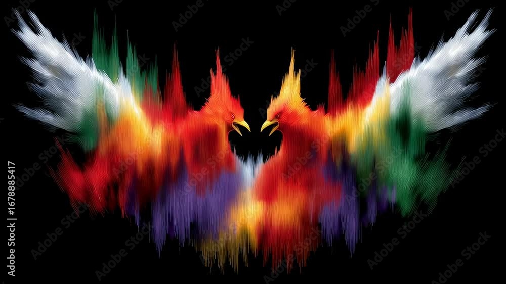 Poster vibrant abstract phoenix illustration with explosive colors resembling flames and feathers against a