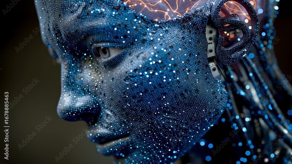 Poster close-up view of a highly detailed humanoid figure featuring intricate neurochips and glowing circui