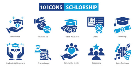 Set of 10 scholarship icons including financial aid, tuition assistance, grant, fellowship, academic achievement, financial need, community service, leadership, and extracurricular activities