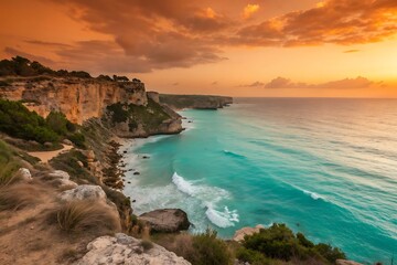 Dramatic Sunset Over a Rugged Coastal Cliffside with Turquoise Ocean Waves image photo