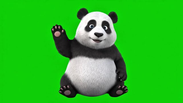 Cute cartoon panda waving on green background 
