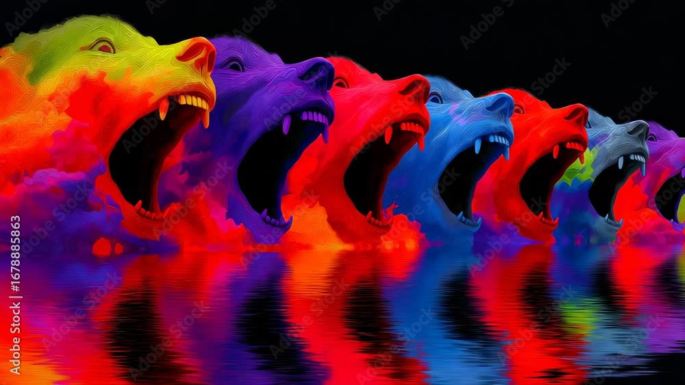 Poster vibrant sequence of colorful roaring bear heads reflected in water against a black background.seamle