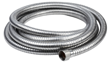 Coiled chrome-plated flexible metal shower hose with a threaded connector end.