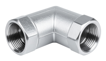 Chrome-plated 90-degree female threaded elbow pipe fitting for plumbing and fluid connections.