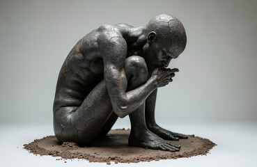 Fototapeta premium Hunched figure, appearing as cracked stone sculpture, sits on ground with hands on knees. Artwork evokes sense of contemplation, weathered resilience, earthy connection. Blends human form with