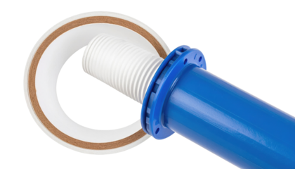 Blue PVC pipe section with a white corrugated flexible sleeve, flange and gasket on a black background - a plumbing connector component.