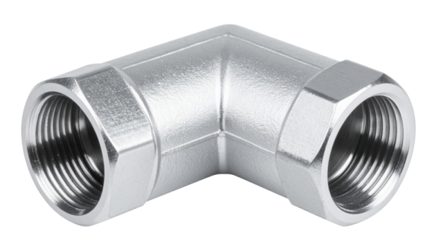 Chrome-plated 90-degree female threaded elbow pipe fitting for plumbing and fluid connections.