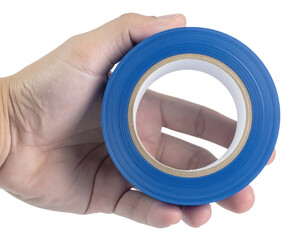 Hand holding a roll of blue adhesive tape.