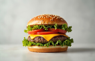 Classic hamburger with lettuce tomato and cheese on sesame seed bun. Studio shot on light background with soft shadows. Clean simple look great for graphic design food visuals and advertising.