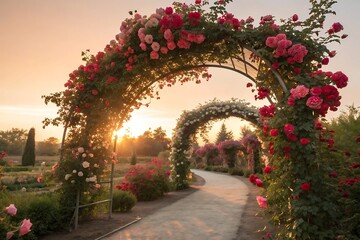 Fototapeta premium Romantic garden pathway lined with blooming rose arches at sunrise with golden light roses flowers