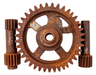 A large rusty metal gear wheel with central hub and two matching splined shafts