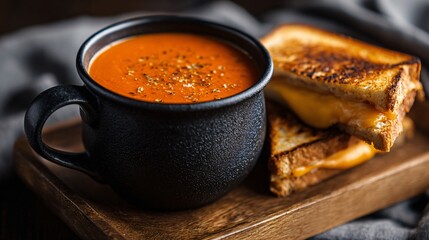 Creamy tomato bisque in vintage black mug, placed on wooden tray with grilled cheese sandwich cut in half beside