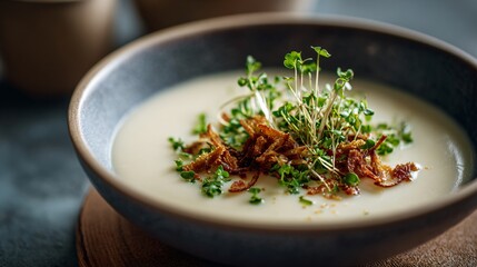 Deep focus on creamy cauliflower soup, topped with fried shallots and microgreens, moody background and off-center placement for copy space