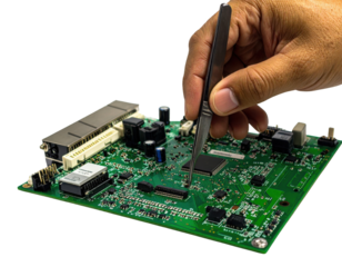 Hand using tweezers to work on a green printed circuit board (PCB) populated with chips and electronic components against a black background.