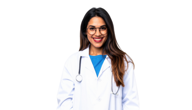Smiling female doctor wearing a white coat and stethoscope, with glasses and long brown hair.