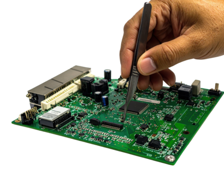 Hand using tweezers to work on a green printed circuit board (PCB) populated with chips and electronic components against a black background.