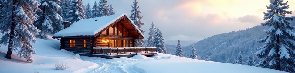 A cozy cabin nestled in a snowy winter landscape, perfect for a peaceful retreat Large windows offer stunning views of frosted trees and a blanket of pristine white snow , cabin, fireplace