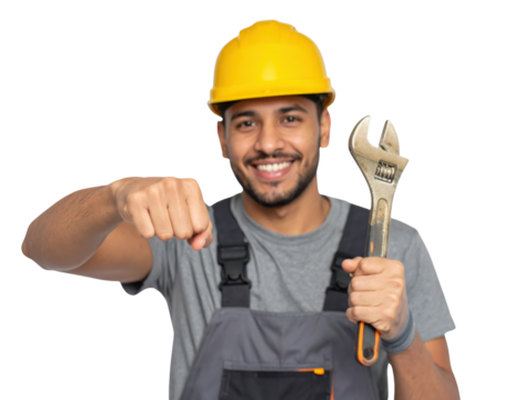 Smiling construction worker wearing a yellow hard hat and gray overalls, holding a large adjustable wrench and making a confident fist-forward gesture.