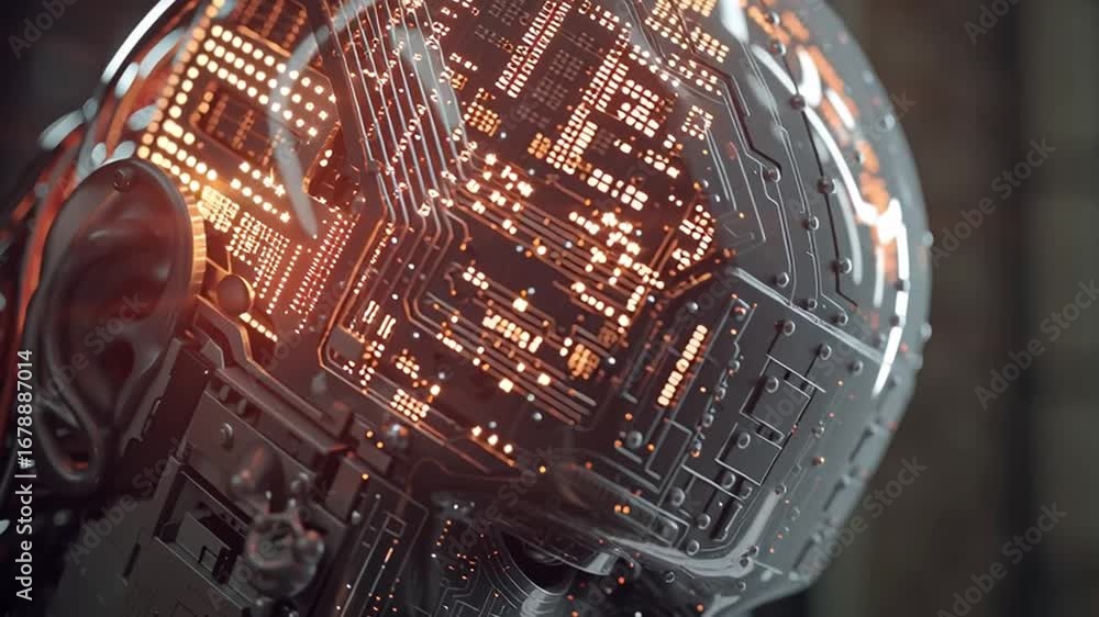 Poster a futuristic robot with intricate neurochips embedded in its head showcases advanced technology. the